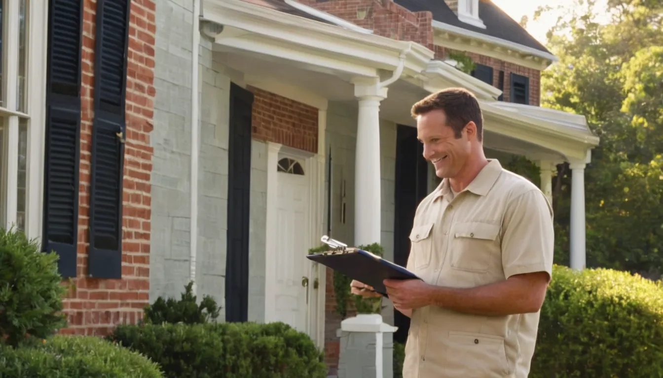 A friendly pest control provider talking with a homeowner at the front door of a colonial home in Covington